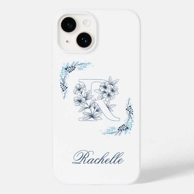 Initial "R" Blue Monogram Calm Floral Case-Mate iPhone Hülle (Rückseite)