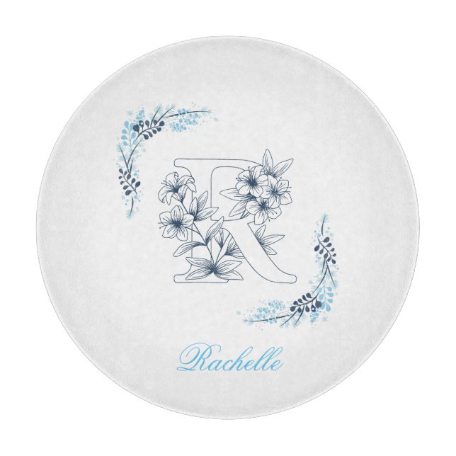 Initial "R" Blue Monogram Calm Floral Schneidebrett (Vorderseite)
