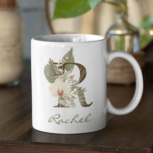 Initial R Boho Floral Orchid Greenery Individuelle Kaffeetasse (Boho Floral Orchid Greenery Mug: Personalize with Your Name and Initial)