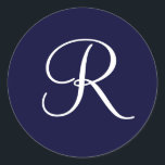 Initial R Runder Aufkleber<br><div class="desc">Navy Blue & White Monogram R Script</div>
