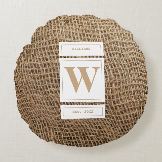 Initial Rustic Burlap Monogram Rundes Kissen (Vorderseite)