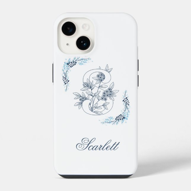 Initial "S" Blue Monogram Calm Floral iPhone Hülle (Rückseite)