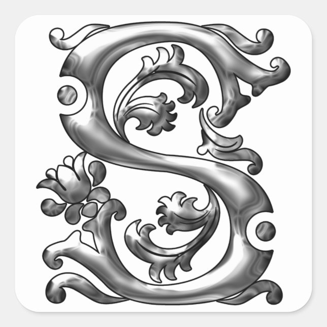 Initial-S-Monogramm-Aufkleber in Silber Quadratischer Aufkleber (Vorderseite)