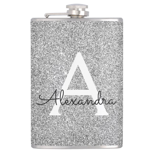 Initial Silver Glitzer und Sparkle Monogram Flachmann (Vorderseite)