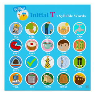 Initial T 1 Syllable Words - Blue Poster
