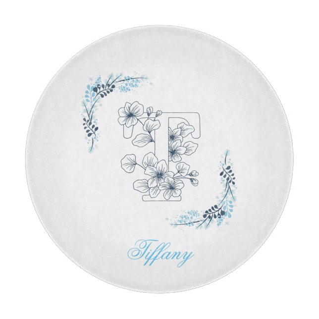 Initial "T" Blue Monogram Calm Floral Schneidebrett (Vorderseite)