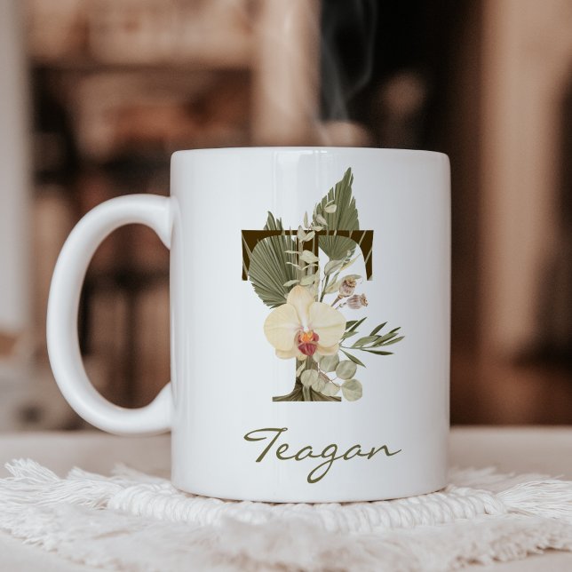 Initial T Boho Floral Orchid Greenery Individuelle Kaffeetasse (Von Creator hochgeladen)