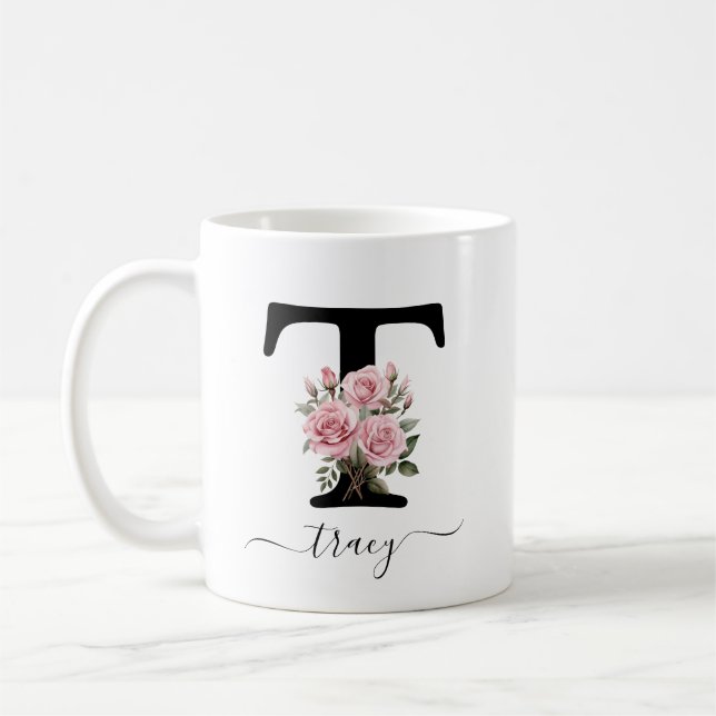 Initial T Monogram Floral Blume Rosenrosen Tasse (Links)