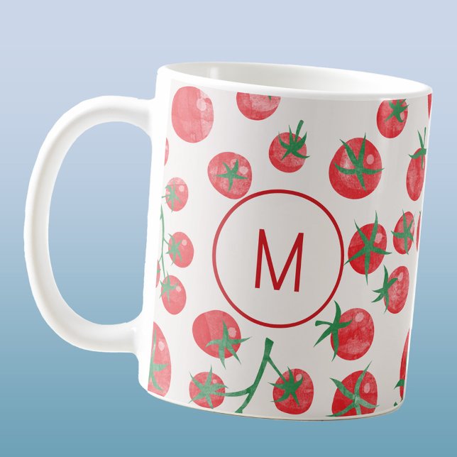Initial Tomato Watercolor Mediterrane Monogramm Kaffeetasse (Modern monogram initial personalized tomato watercolor art coffee mug)