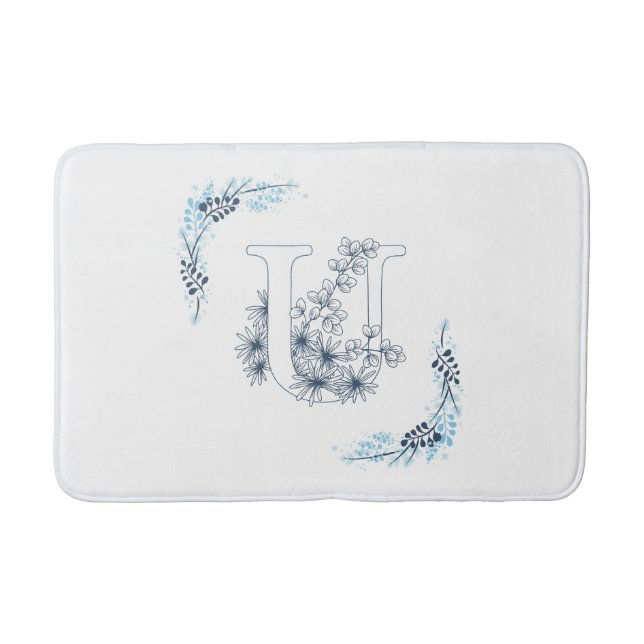 Initial "U" Blue Monogram Calm Floral Badematte (Vorderseite)