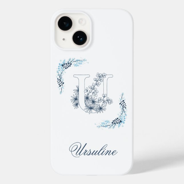 Initial "U" Blue Monogram Calm Floral Case-Mate iPhone Hülle (Rückseite)