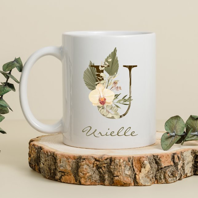 Initial U Boho Floral Orchid Greenery Individuelle Kaffeetasse (Von Creator hochgeladen)
