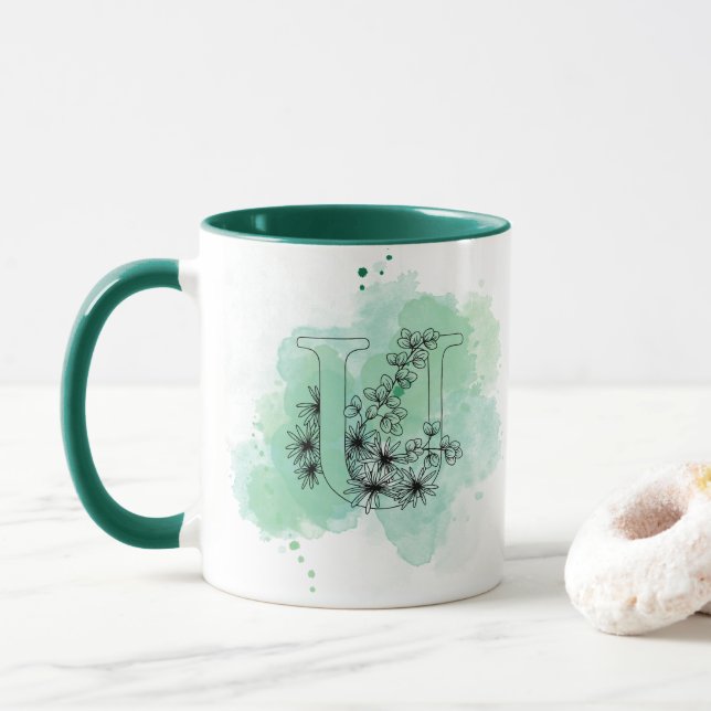 Initial U Watercolor Monogram Green Botanical Tasse (Mit Donut)
