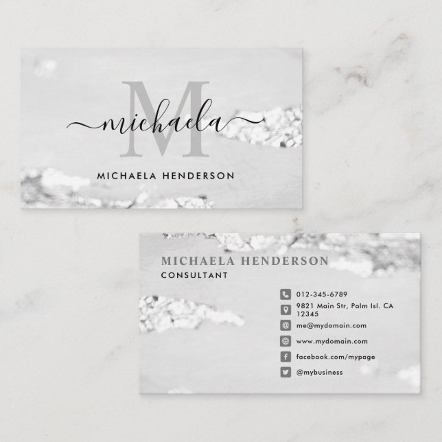 Initial und Name der Silver Foil Monogram Visitenkarte (Vorne/Hinten)