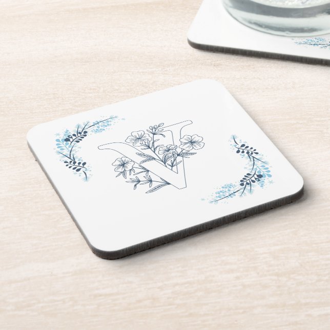 Initial "V" Blue Monogram Calm Floral Getränkeuntersetzer (Linke Seite)