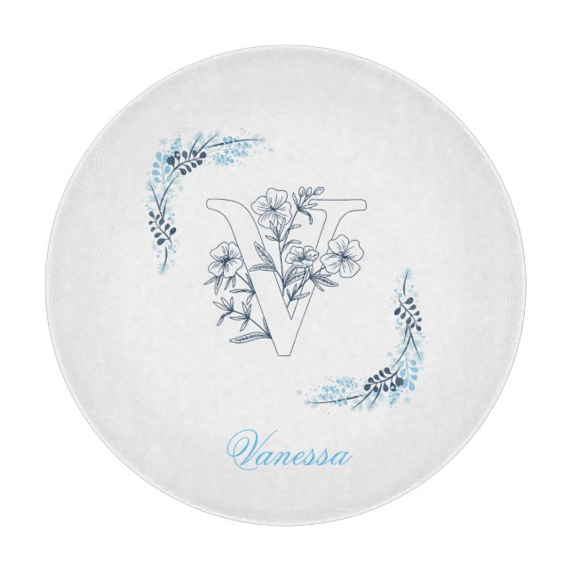 Initial "V" Blue Monogram Calm Floral Schneidebrett (Vorderseite)