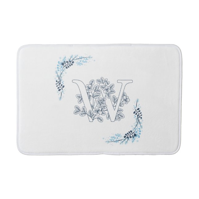 Initial "W" Blue Monogram Calm Floral Badematte (Vorderseite)