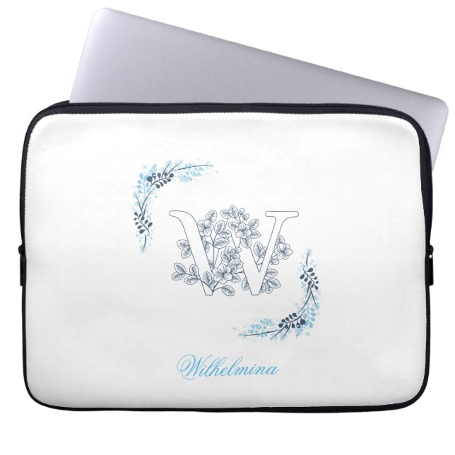 Initial "W" Blue Monogram Calm Floral Laptopschutzhülle (Vorderseite)