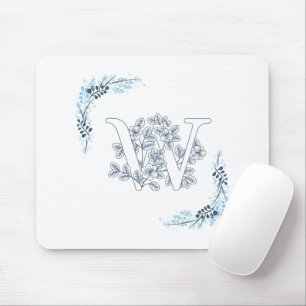 Initial "W" Blue Monogram Calm Floral Mousepad