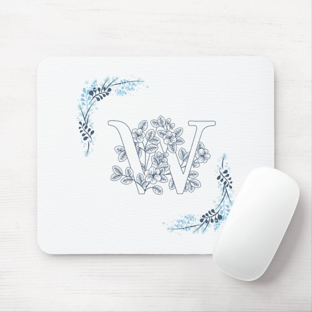 Initial "W" Blue Monogram Calm Floral Mousepad (Mit Mouse)