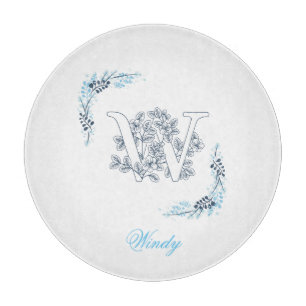 Initial "W" Blue Monogram Calm Floral Schneidebrett