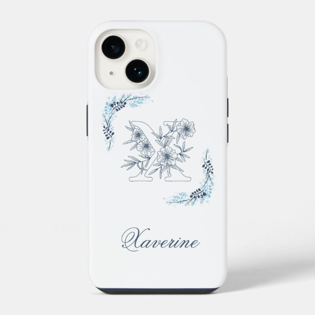 Initial "X" Blue Monogram Calm Floral iPhone Hülle (Rückseite)