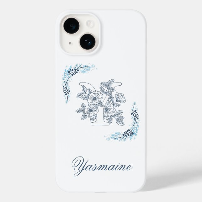 Initial "Y" Blue Monogram Calm Floral Case-Mate iPhone Hülle (Rückseite)