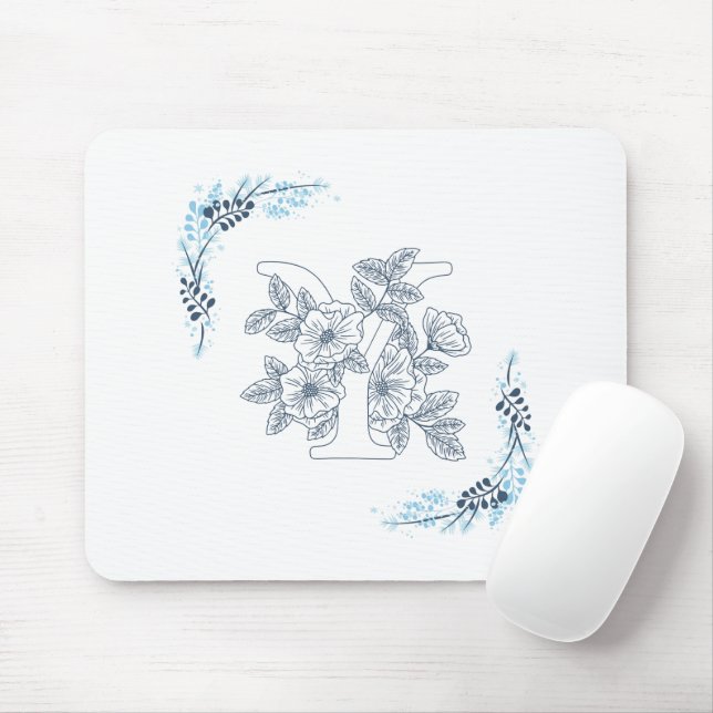 Initial "Y" Blue Monogram Calm Floral Mousepad (Mit Mouse)