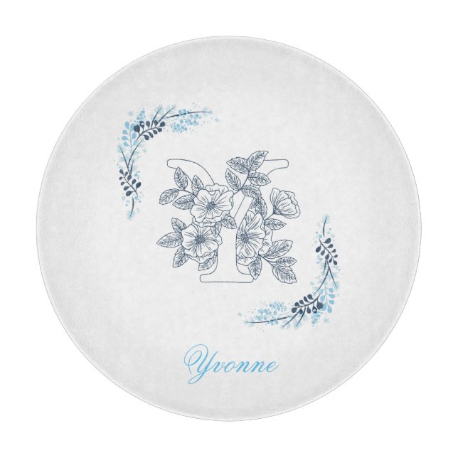 Initial "Y" Blue Monogram Calm Floral Schneidebrett (Vorderseite)