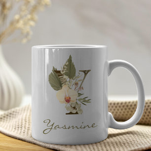 Initial Y Boho Floral Orchid Greenery Individuelle Kaffeetasse
