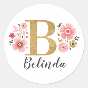 Initialbrief B: Elegant Gold Pink Floral Monogram Runder Aufkleber
