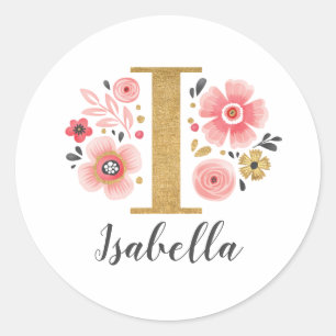 Initialbrief I: elegant rosa, florale Monogramm Runder Aufkleber