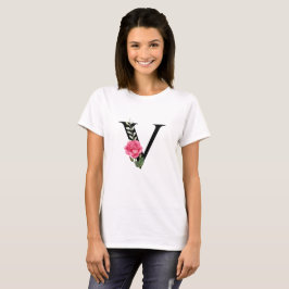 Initialbuchstabe V in Schwarz mit rosa Rose T-Shirt