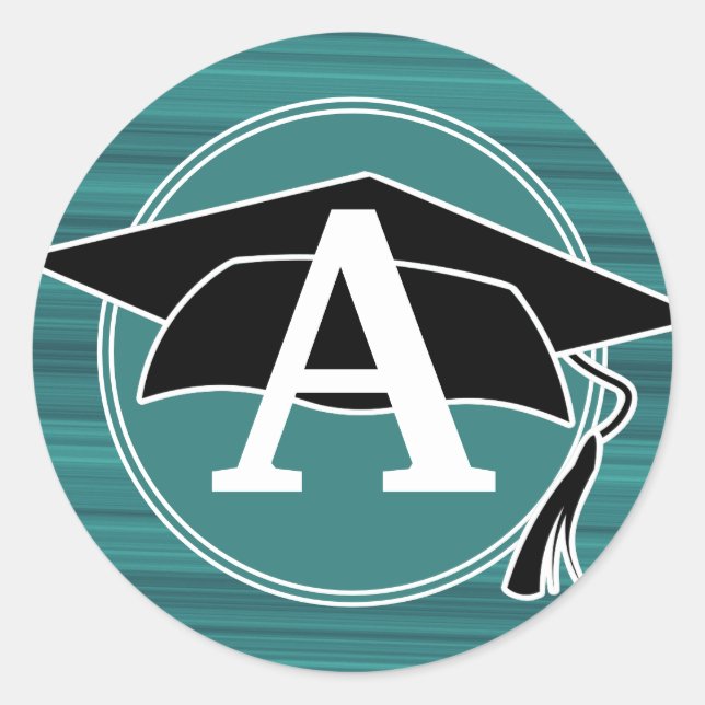 Initiale aquamarine Schwarz-weiße Graduation Cap M Runder Aufkleber (Vorderseite)