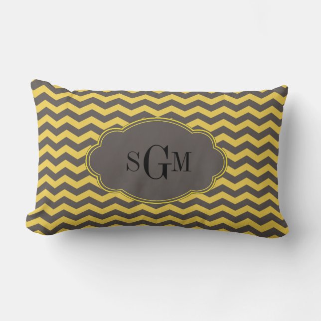Initiale gelbe und graue Zickzack Monogramm Pillow Lendenkissen (Vorderseite)