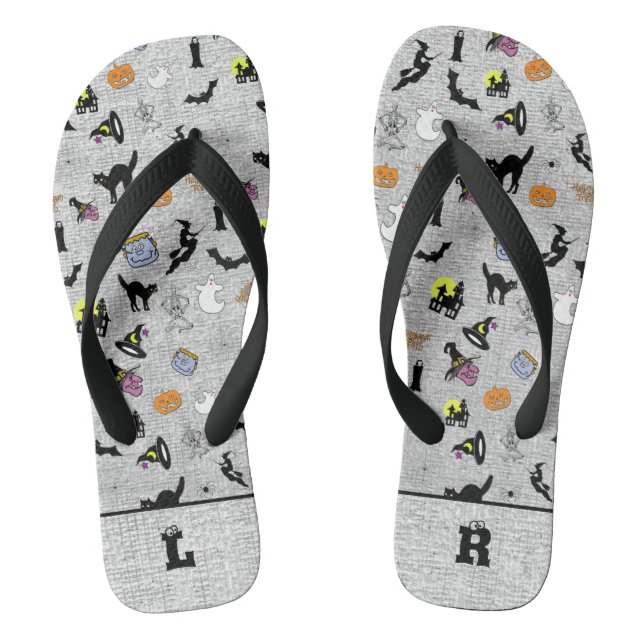 Initiale:  Halloween Random Icoic Pattern Grau Flip Flops (Fußbett)