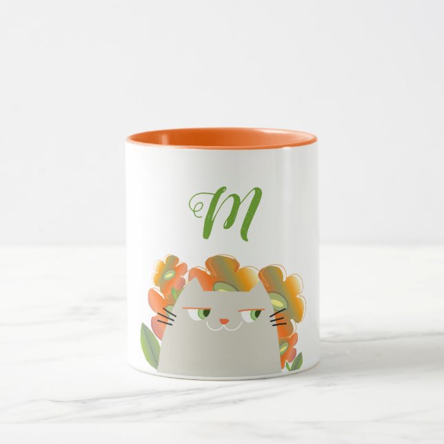 Initiale Katzenfrühlingserkennung und Orange-Blume Tasse (Zentrum)