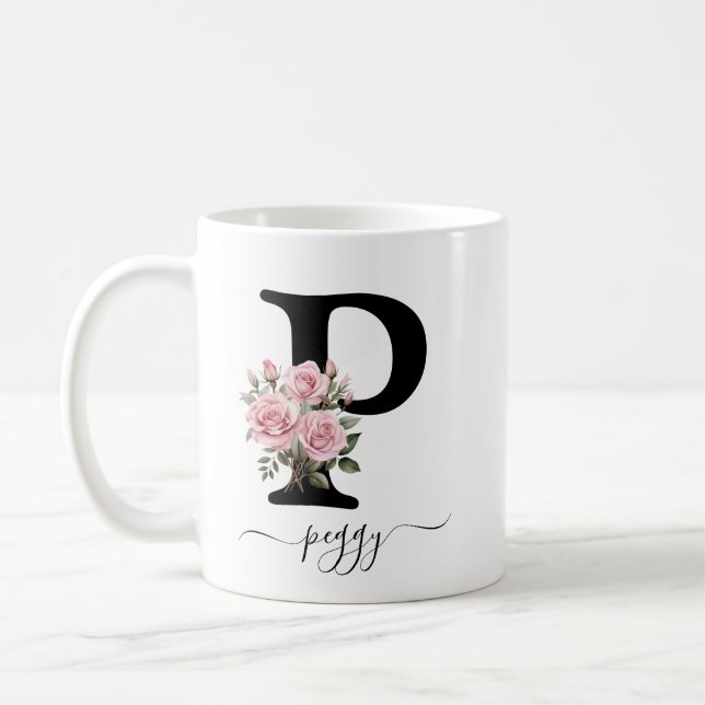 Initiale P Monogramm Floral Blume Rosa Rosen Tasse (Links)