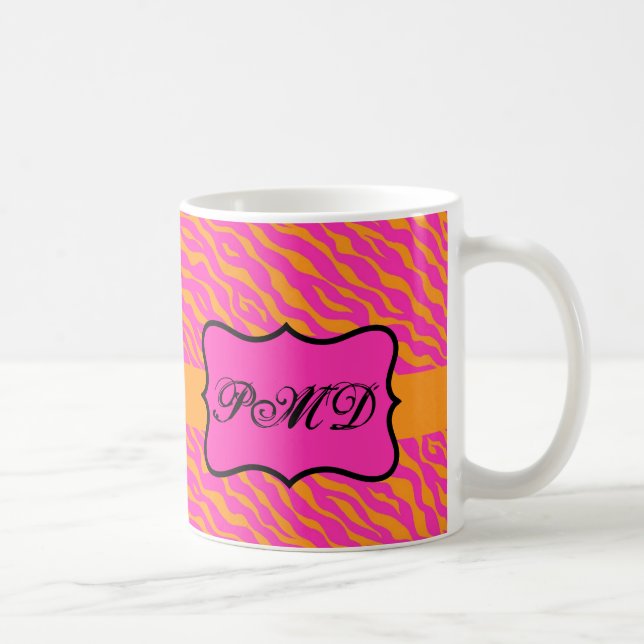 Initiale Rosa und Orange Zebra Skin Monogramm Tasse (Rechts)