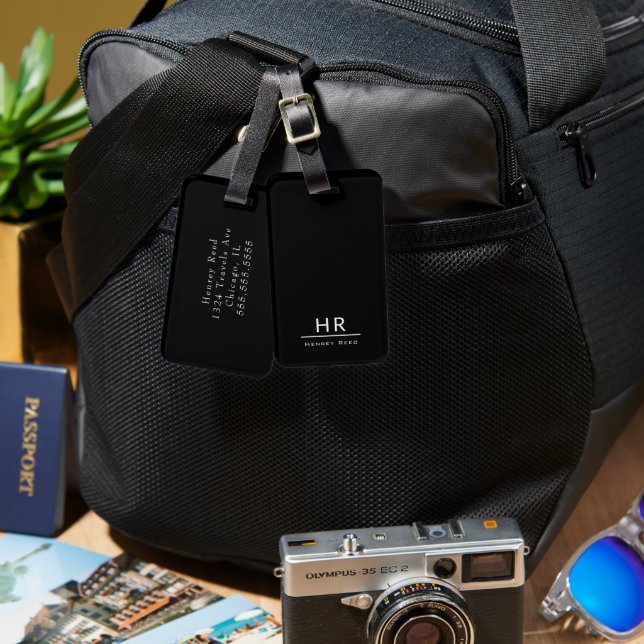 Initiale Schwarz-Weiß-Maskuline Monogramm + Name Gepäckanhänger (Vorderseite & Rückseite)