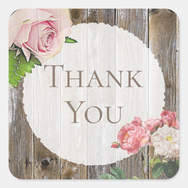 Initialed Rustic Wood Pink Rose Danke Stickers (Vorderseite)