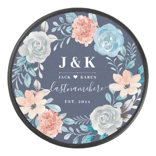 Initialen der Floral Monogram mit benutzerdefinier Eishockey Puck (Vorderseite)