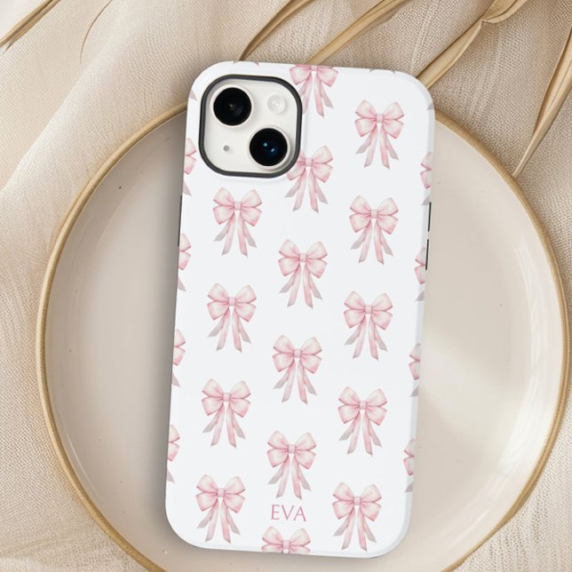 Initialen des rosa Bow Preppy Coquette Pattern Mon Case-Mate iPhone Hülle (Personalized iphone case with pretty coquette style pink bows by Darling and May)