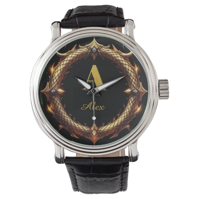 ✨ Initialen-Drache-Ornament-Kreisrahmen ✨ Armbanduhr (Vorderseite)