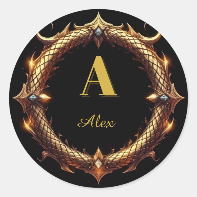 ✨ Initialen-Drache-Ornament-Kreuzrahmen ✨ Runder Aufkleber (Vorderseite)