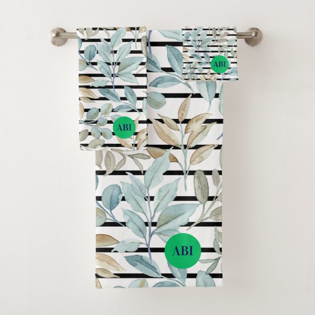 Initialen Mädchenhaft Pastell Botanisch Blaue Stre Badhandtuch Set (Insitu)