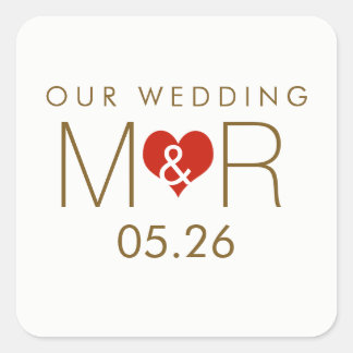 Initialen mit roter Liebe, unsere Hochzeit Quadratischer Aufkleber