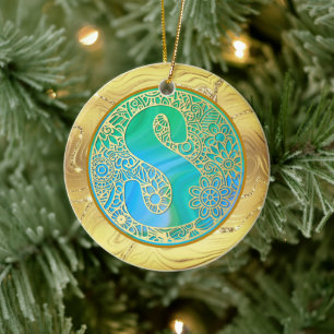 Initialen-Monogramm S Weihnachten - Gold, Teal & B Keramik Ornament