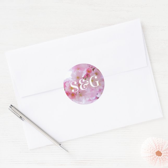 Initialen Rosa Kirschblüten Siegel Runder Aufkleber (Umschlag)