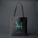 Initialer Name des Aquamarin-grünen Monogram-Skrip<br><div class="desc">Modernes Schwarz-Aquamarin-Grün-Monogramm Eleganter Skriptname Initial Tote Bag</div>